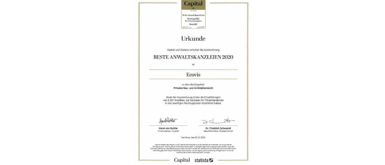Capital: Ecovis gehört im privaten Bau- und Architektenrecht zu den besten Anwaltskanzleien 2020