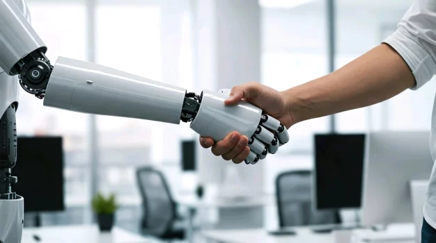 Roboter und Mensch schüttelt Hände